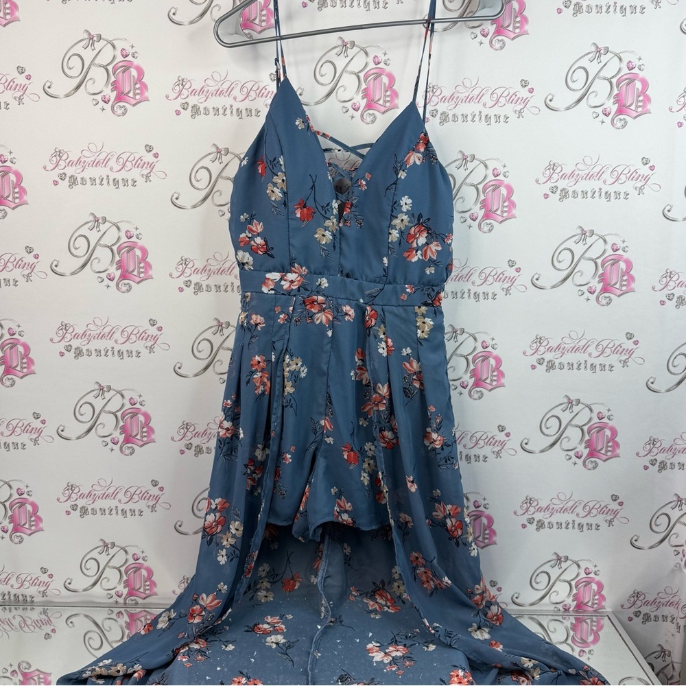 Crystal Doll romper high low draping fabric shorts floral flowers Blue Dress